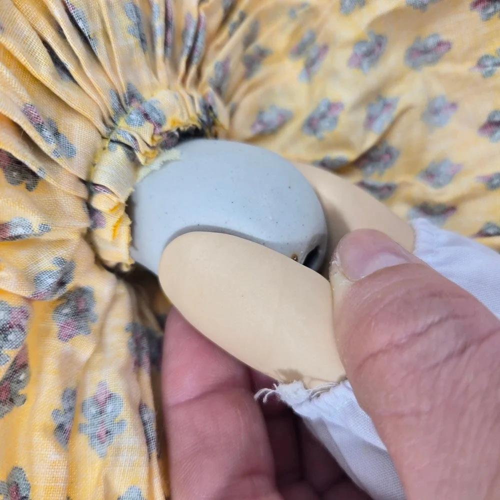 Les Poupees de Mado Porcelain Doll Articulated Yellow Floral Dress Straw Hat Box